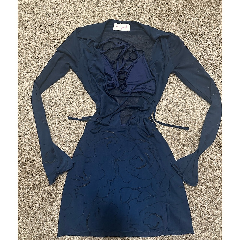 Blue open chest mini dress with bralette